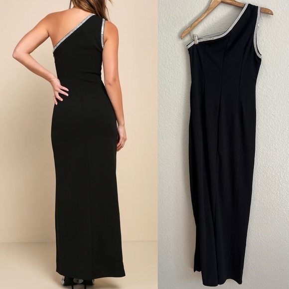 Glamorous Muse Black Rhinestone One-Shoulder Maxi Dress - Picture 3 of 8